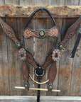 Two Tone Floral and Basketweave Teal, Champagne and Topaz Browband Tack Set