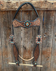 Two Tone Floral and Basketweave Teal, Champagne and Topaz Browband Tack Set