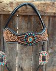 Two Tone Floral and Basketweave Teal, Champagne and Topaz Browband Tack Set