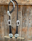 Dark Oil Basketweave with Silver Dots Rhinestone Flower One Ear Tack Set