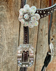 Dark Oil Basketweave with Silver Dots Rhinestone Flower One Ear Tack Set