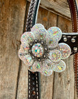 Dark Oil Basketweave with Silver Dots Rhinestone Flower One Ear Tack Set
