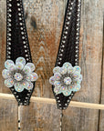 Dark Oil Basketweave with Silver Dots Rhinestone Flower One Ear Tack Set