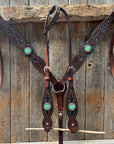 Dark Oil Hand Painted Antique Silver Turquoise Browband/One Ear and Breastcollar Tack Set