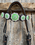 Dark Oil Floral Neon Green Browband / One Ear Tack Set