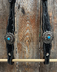 Black Floral Antique Silver Turquoise Browband/One Ear Tack Set