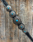 Black Floral Antique Silver Turquoise Browband/One Ear Tack Set