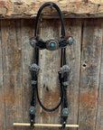 Black Floral Antique Silver Turquoise Browband/One Ear Tack Set