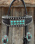 Dark Oil Silver Dot Antique Silver Turquoise Browband | One Ear Tack Set