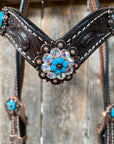 Dark Oil Floral Topaz & Turquoise Browband / Breastcollar Tack Set