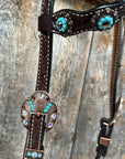 Dark Oil Floral Topaz and Turquoise One Ear/ Breastcollar Tack Set