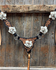 Two Tone Floral Triangle White Rose One Ear / Gladiator Breastcollar Tack Set
