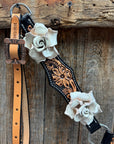 Two Tone Floral Triangle White Rose One Ear / Gladiator Breastcollar Tack Set
