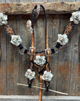 Two Tone Floral Triangle White Rose One Ear / Gladiator Breastcollar Tack Set
