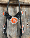 Black Floral Neon Orange Browband / Breastcollar Tack Set