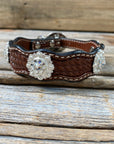 Leather Dog Collar With Bright Silver Clear Conchos 10" to 22" -DC1