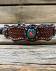 Leather Dog Collar With Copper Fire Opal and Teal Conchos 10" to 22" -DC37