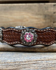 Leather Dog Collar With Antique Silver Pink and AB Conchos 10" to 22" -DC40