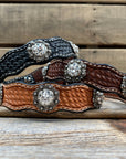 Leather Dog Collar With Antique Silver Clear Conchos 10" to 22" -DC44
