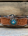 Leather Dog Collar With Antique Silver Teal and AB Conchos 10" to 22" -DC45
