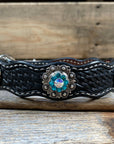 Leather Dog Collar With Antique Silver Teal and AB Conchos 10" to 22" -DC45