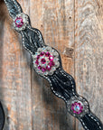 Black Floral Fuchsia Browband / One Ear Tack Set
