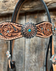 Floral Teal Dot Western Floral Browband/One Ear Headstall & Breastcollar Tack Set
