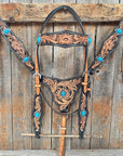 Two Tone Floral Triangle Antique Silver Turquoise Browband/One Ear - Triangle/Gladiator Breastcollar Tack Set