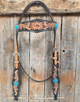 Two Tone Floral Triangle Antique Silver Turquoise Browband/One Ear - Triangle/Gladiator Breastcollar Tack Set