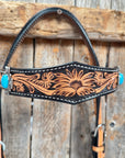 Two Tone Floral Triangle Antique Silver Turquoise Browband/One Ear - Triangle/Gladiator Breastcollar Tack Set