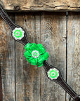 Dark Oil Basketweave Neon Green - AB Browband/One Ear Tack Set