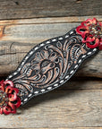 Dark Oil Buckstitch Bronc Noseband with Red Flowers and Crystal Conchos