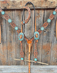 Floral Teal Dot Turquoise - Clear Browband/One Ear Headstall - Breastcollar Tack Set