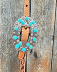 Floral Teal Dot Turquoise - Clear Browband/One Ear Headstall - Breastcollar Tack Set