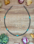 Sterling Silver Pearl Necklace with Turquoise & Variscite Rondelles – 19.5”