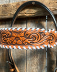 Light Oil Floral Tooled with White Whipstitch Browband Headstall / Bridle