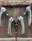 Two Tone Leaf White Browband/One Ear Headstall & Breastcollar Tack Set