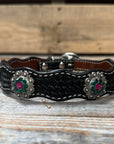 Leather Dog Collar With Antique Silver Fuchsia and Emerald Conchos 10" to 22" -DC74