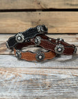 Leather Dog Collar With Antique Silver Jet and Clear Conchos 10" to 22" -DC75