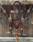Two Tone Floral Triangle Orange and Teal Browband/One Ear - Triangle/Gladiator Breastcollar Tack Set