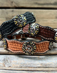 Leather Dog Collar With Antique Silver and Dots Conchos 10" to 22" W147S -DC53