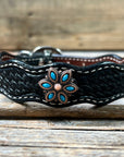 Leather Dog Collar With Copper Turquoise Flower Conchos 10" to 22" W207S -DC56