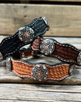 Leather Dog Collar With Antique Silver Starburst Conchos 10" to 22" W185S -DC57