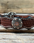Leather Dog Collar With Antique Silver Starburst Conchos 10" to 22" W185S -DC57