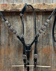 Black Floral Antique Silver Starburst Browband/One Ear Tack Set