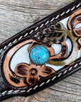 DC65- Floral White Inlay Wide Dog Collar SM-LG Turquoise Cabochons