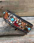 DC65- Floral White Inlay Wide Dog Collar SM-LG Turquoise Cabochons