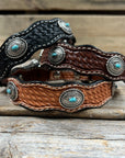 Leather Dog Collar With Antique Silver Oval Conchos 10" to 22" W237S -DC66
