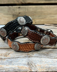 Leather Dog Collar With Flower and Loops Conchos 10" to 22" W235S -DC68