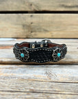 Leather Dog Collar With Turquoise Flower Conchos 10" to 22" W231S -DC69